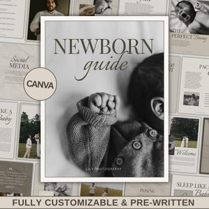 Könnte beinhalten: Schwarz-Weiß-Bild eines Neugeborenen-Ratgebers mit dem Titel "NEWBORN guide". Der Ratgeber zeigt ein Baby in einem Pullover. Weitere Seiten mit Text wie "Social Media", "Sleep Like a Baby" und "Package One" umgeben den Ratgeber. Der Text "FULLY CUSTOMIZABLE & PRE-WRITTEN" befindet sich unten.