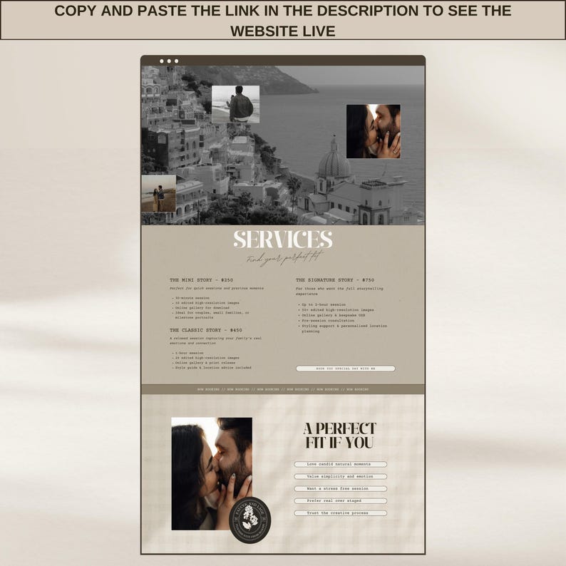 one page canva website template photography website neutral earth tone design minimal modern photographer portfolio layout editable customizable branding webdesign canva landing page onepage site aesthetic clean simple professional portfolio for photographers creatives small business owners easy to edit drag and drop canva website builder budget friendly digital template instant download marketing tool online presence showcase your work client friendly design