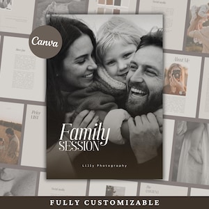 Modèle de guide de bienvenue pour la session FAMILLE pré-écrite pour le magazine du guide de style des photographes, quoi porter en photographie, guide des prix CANVA