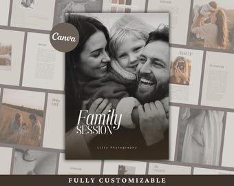 Pre written FAMILY session welcome Guide Template for photographers style guide magazine, what to wear photography, pricing guide CANVA