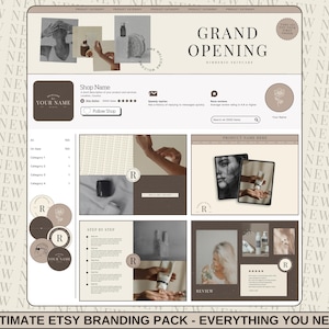 Puede incluir: Un paquete de branding digital para Etsy con una paleta de colores neutros. El diseño incluye un banner de tienda con el texto "Grand Opening", gráficos de categorías de productos y plantillas de reseñas. El paquete también presenta diseños de logotipos circulares y una guía paso a paso.