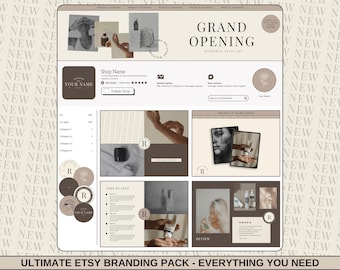 Könnte beinhalten: Ein digitales Etsy-Branding-Paket mit einer neutralen Farbpalette. Das Design umfasst ein Shop-Banner mit dem Text "Grand Opening", Produktkategorie-Grafiken und Bewertungsvorlagen. Das Paket enthält auch kreisförmige Logo-Designs und eine Schritt-für-Schritt-Anleitung.