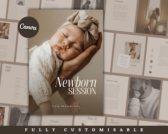 Pre-written NEWBORN session welcome Guide Template for photographers style guide magazine fully customizable pricing guide CANVA