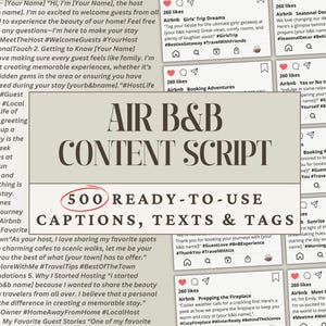 Puede incluir: Un diseño gráfico con el texto "AIR B&B CONTENT SCRIPT" en una fuente grande y en negrita. Debajo del texto hay un círculo con el número "500" dentro y el texto "READY-TO-USE CAPTIONS, TEXTS & TAGS". El gráfico está rodeado de imágenes más pequeñas de publicaciones en redes sociales con texto sobre experiencias de Airbnb.