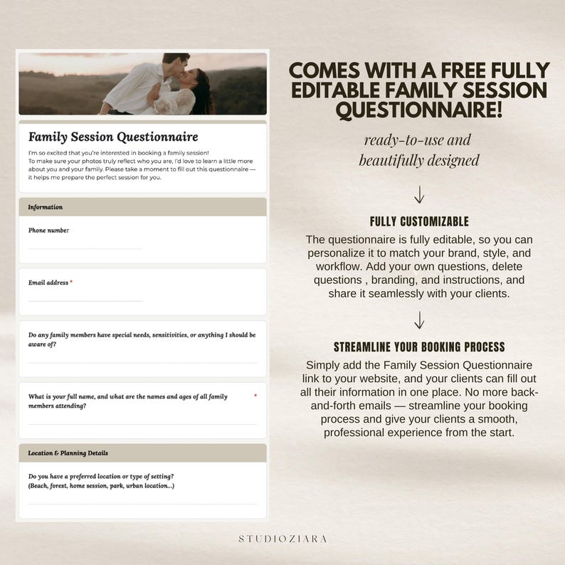 earth tone design minimal modern photographer portfolio layout editable customizable branding webdesign canva landing page onepage site aesthetic clean simple professional portfolio for photographers creatives small business owners easy to edit drag and drop canva website builder budget friendly digital template instant download marketing tool online presence showcase your work client friendly design Includes Session Agreement essential questions to clearly understand your clients and their