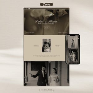 May include: A sepia-toned wedding website design featuring the names "Rafael & Kirsten" and the phrase "ARE GETTING MARRIED." The design includes a photo of a couple and a smartphone displaying the website. The website's footer reads "STUDIOZIARA."