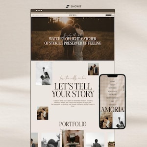 May include: A website design displayed on a laptop and a smartphone, promoting a photography portfolio. The website features the text "AMORIA" and the tagline "WATCHER OF LIGHT, CATCHER OF STORIES, PRESERVER OF FEELING". The design includes images and the words "LET'S TELL YOUR STORY".
