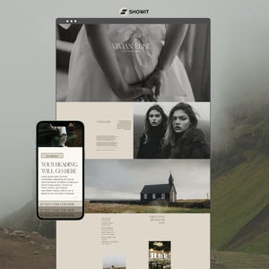 May include: A website design mockup featuring a desktop computer, a smartphone, and a layout with images and text. The desktop displays a black and white photo of a person in a dress. The smartphone shows the text "YOUR HEADING WILL GO HERE."