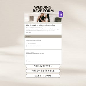 Puede incluir: Un formulario de respuesta de boda blanco con el texto "WEDDING RSVP FORM" en la parte superior. El formulario incluye secciones para la asistencia, el número de invitados y opciones de respuesta preescritas, totalmente editables y fáciles.