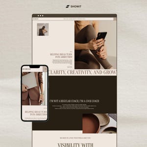 Puede incluir: Maqueta de diseño web con pantalla de escritorio y smartphone. El escritorio muestra una página web con el texto: "HELPING IDEAS TURN INTO DIRECTION" y "CLARITY, CREATIVITY, AND GROW." El smartphone muestra el mismo texto. La combinación de colores es neutra.