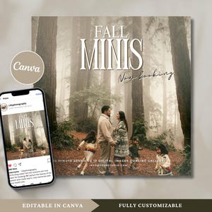 May include: A digital advertisement for autumn photography sessions. The image features a couple standing in a woodland with a misty background. The text "FALL MINIS Now booking" is displayed in a large font. The advertisement includes information about the session length, number of digital images, and online gallery.