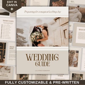 Modèle de photographie de mariage Guide Canva Guide client pour photographe Outil professionnel Modèle de chronologie de flux de travail numérique Guide de planification de la mariée