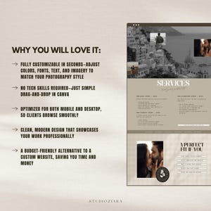 one page canva website template photography website neutral earth tone design minimal modern photographer portfolio layout editable customizable branding webdesign canva landing page onepage site aesthetic clean simple professional portfolio for photographers creatives small business owners easy to edit drag and drop canva website builder budget friendly digital template instant download marketing tool online presence showcase your work client friendly design
