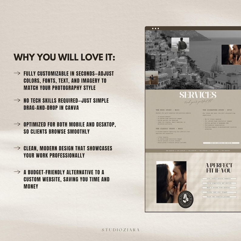 one page canva website template photography website neutral earth tone design minimal modern photographer portfolio layout editable customizable branding webdesign canva landing page onepage site aesthetic clean simple professional portfolio for photographers creatives small business owners easy to edit drag and drop canva website builder budget friendly digital template instant download marketing tool online presence showcase your work client friendly design