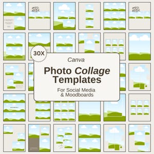 May include: A set of 30 Canva photo collage templates for social media and moodboards. Each template has a landscape design with green hills, blue skies, and white clouds. The templates are arranged in a grid.