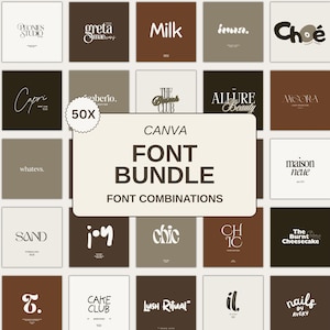 Può includere: Un'immagine Canva di un pacchetto di font con una griglia di 25 quadrati che mostrano varie combinazioni di font. Il testo centrale recita "CANVA FONT BUNDLE FONT COMBINATIONS". La tavolozza dei colori include sfumature di marrone, beige e bianco.