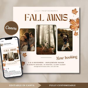 Puede incluir: Un folleto blanco y marrón con el texto "FALL MINIS" en letras marrones. El folleto anuncia una sesión de fotografía con tres fotos de familias en un entorno de bosque. El folleto incluye las fechas "5 & 6 NOVEMBER", la ubicación "MAPLEWOOD HAVEN" y el texto "Now booking".
