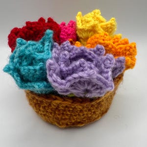 May include: A crocheted flower arrangement in a brown crocheted pot. The flowers are in shades of red, pink, yellow, orange, purple, and blue.