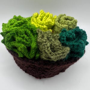 May include: A crocheted succulent arrangement in a dark brown pot. The leaves are various shades of green and yellow. The yarn has a textured appearance, giving the piece a realistic look. This handmade item is ideal for adding a touch of nature to any space. The pot is approximately 15 cm in diameter.