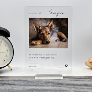 May include: A clear acrylic memorial plaque with a photo of a brown and black dog. The text "In memory of Georgiae" is at the top of the plaque. The text "You were my favourite hello and my hardest goodbye." is below the photo. The dates "2015-2023" are below the text. A paw print is at the bottom right corner of the plaque.