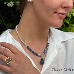 Pearl Necklace Lapis Lazuli Choker Healing Crystal Jewelry Lapis Lazuli Pendant Beaded Necklace Birthday Gift for Her Unique Gemstone Design