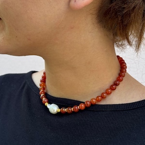 Chunky Red Carnelian Beaded Necklace Baroque Pearl Charm Boho Choker Unique Gift for Her Handmade Statement Jewelry Birthday Everyday Wear