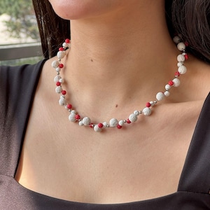 Handmade Lava Stone Necklace | White & Red Lava Beads, Lightweight Aromatherapy Jewelry, Grounding Boho Choker, Gift for Her, Mother&#39;s Day