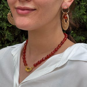 Red Carnelian Beaded Choker Necklace, Vintage Filigree Clasp, Dainty Handmade Gemstone Jewelry, Minimalist Necklace, Unique Gift For Her