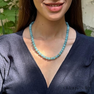 Aquamarine Beaded Necklace, Choker Necklace, Handmade Gemstone Necklace, Dainty  Jewelry, Minimalist Layered Necklace, Unique Gift for Women