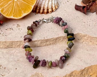 Dainty Colorful Tourmaline Chip Bead Gemstone Bracelet Handmade Natural Broken Stone Jewelry Everyday Easy to Wear Unique Her Birthday Gift