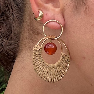 Red Carnelian Earrings, Boho Statement Earrings, Natural Fiber Hoop Earrings, Gemstone Earrings, Handmade Boho Jewelry, Summer Gift for Her