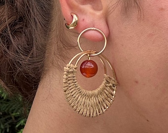 Red Carnelian Earrings, Boho Statement Earrings, Natural Fiber Hoop Earrings, Gemstone Earrings, Handmade Boho Jewelry, Summer Gift for Her