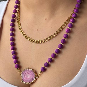Purple Lava Necklace Pink Agate Pendant with Gold-Plated Stainless Steel Chain Boho Gift for Her Wife Mother’s Day Jewelry