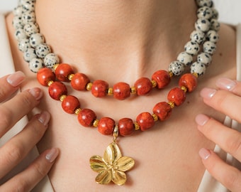 Vibrant Dalmatian Jasper Coral Beaded Necklace with Flower Pendant Unique Boho Choker Handmade Jewelry Birthday Gift for Her