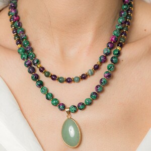 Anyolite (Ruby Zoisite) Necklace with Moss Agate, Amethyst and Aventurine Pendant