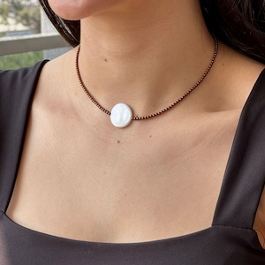 Hematite & Mother of Pearl Choker: Handmade Gemstone Necklace, 14 Inch