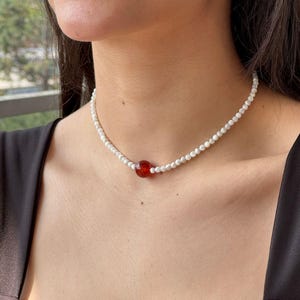 White Mother of Pearl Beaded Necklace Tiny Red Agate Charm Jewelry Layering Everyday Comfortable Fit Boho Style Choker Unique Gift for Her