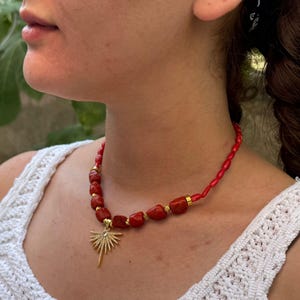 Boho Necklace Red Coral Women Handmade Summer Jewelry Natual Crystal Choker Dragonfly Charm Statement Piece Unique Gift for Her