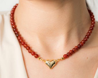 Red Carnelian Beaded Choker Necklace Heart Clasp Carnelian Statement Chic Jewelery Red Necklace Dainty Gemstone Necklace Unique Gift for Her