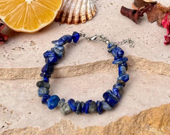 Vibrant Lapis Lazuli Chip Bead Bracelet Dainty Natural Blue Gemstone Jewelry Unique Boho Minimalist Everyday Accessory Birthday Gift for Her