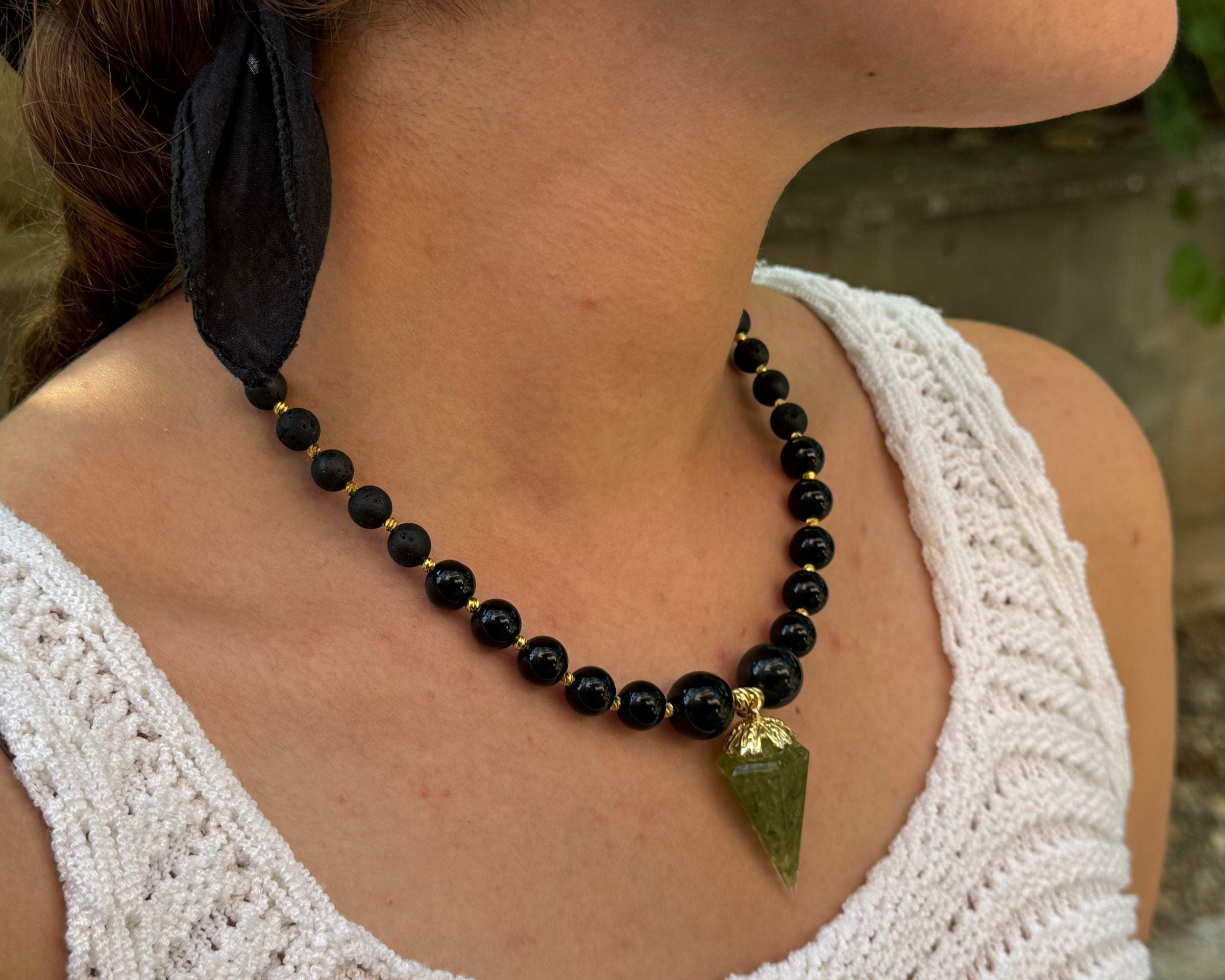 Black Obsidian Lava Stone Necklace: Peridot Crystal Pendant, Handmade