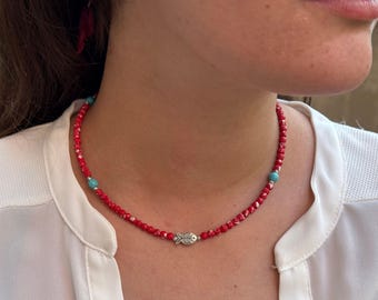 Red Hematite Turquoise Necklace Natural Gift for Her Summer Jewelry with Fish Charm Ocean-Inspired Beaded Choker Handmade Birthday Present