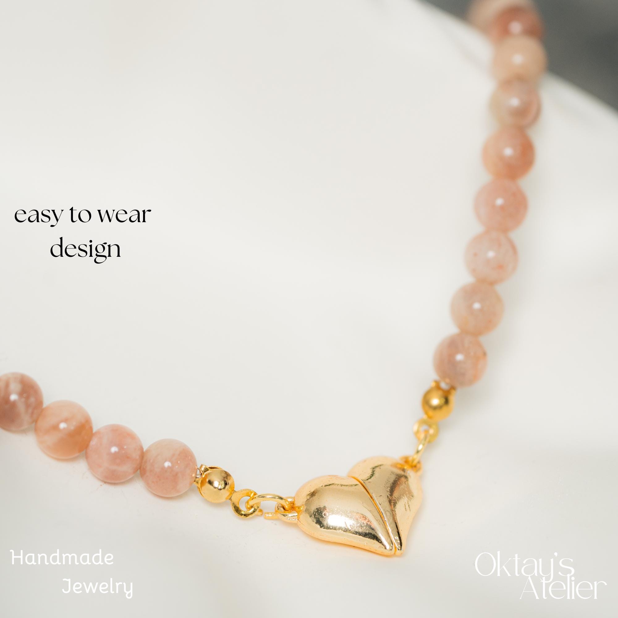 Pink Moonstone Heart Choker | Magnetic Gold Charm Necklace | Easy 
