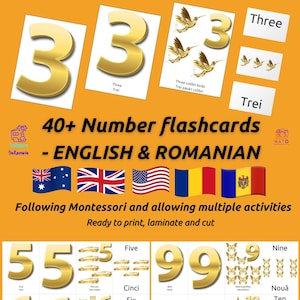 Montessori Number Flashcards | Romanian English Bilingual | Educational Counting Cards for Children Toddlers Preschool or Language learners