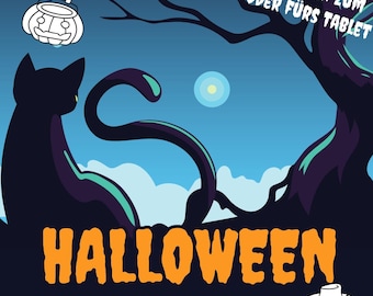 May include: A black and white coloring book with a Halloween theme. The cover features a black cat, a bat, a pumpkin, a haunted house, and a scarecrow. The text on the cover reads "HALLOWEEN KRITZELBUCH" and "MIT ÜBER 60 MOTIVEN ZUM AUSDRUCKEN ODER FÜRS TABLET".