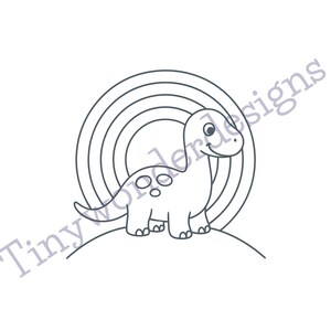 May include: Line art illustration of a smiling dinosaur with a rainbow behind it. The dinosaur has spots on its back and is standing on a curved line. The text "Tinywonderdesigns" is at the bottom.