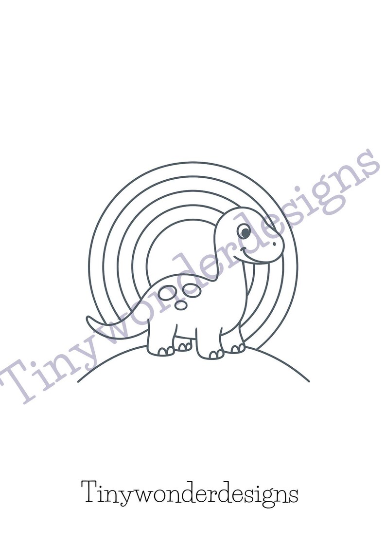 May include: Line art illustration of a smiling dinosaur with a rainbow behind it. The dinosaur has spots on its back and is standing on a curved line. The text "Tinywonderdesigns" is at the bottom.