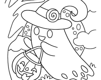 May include: A black and white illustration of a friendly ghost wearing a witch hat and carrying a jack-o'-lantern. The ghost is in front of a full moon with clouds and tree branches. The text "Tinywonderdesigns24" is at the bottom.