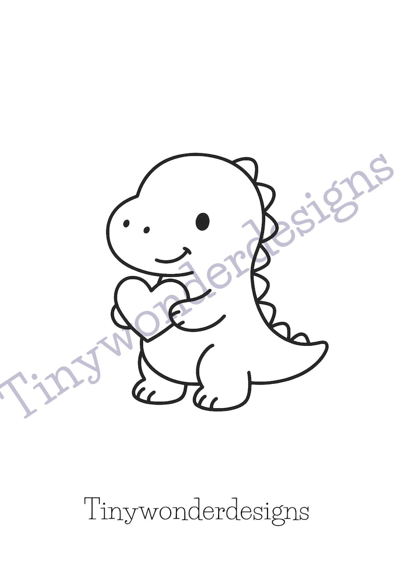 May include: A black and white cartoon illustration of a friendly dinosaur holding a heart. The dinosaur has a smiling face and a small tail. The text "Tinywonderdesigns" is at the bottom and in the background.