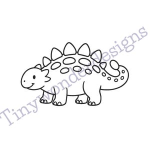 May include: A black and white line drawing of a dinosaur with a friendly expression. The dinosaur has a row of triangular plates along its back and a dotted tail. The text "Tinywonderdesigns" is below the image.